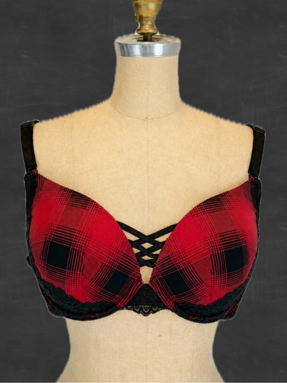 Torrid Curve Buffalo plaid bra 38D corset lace plunge red black push up